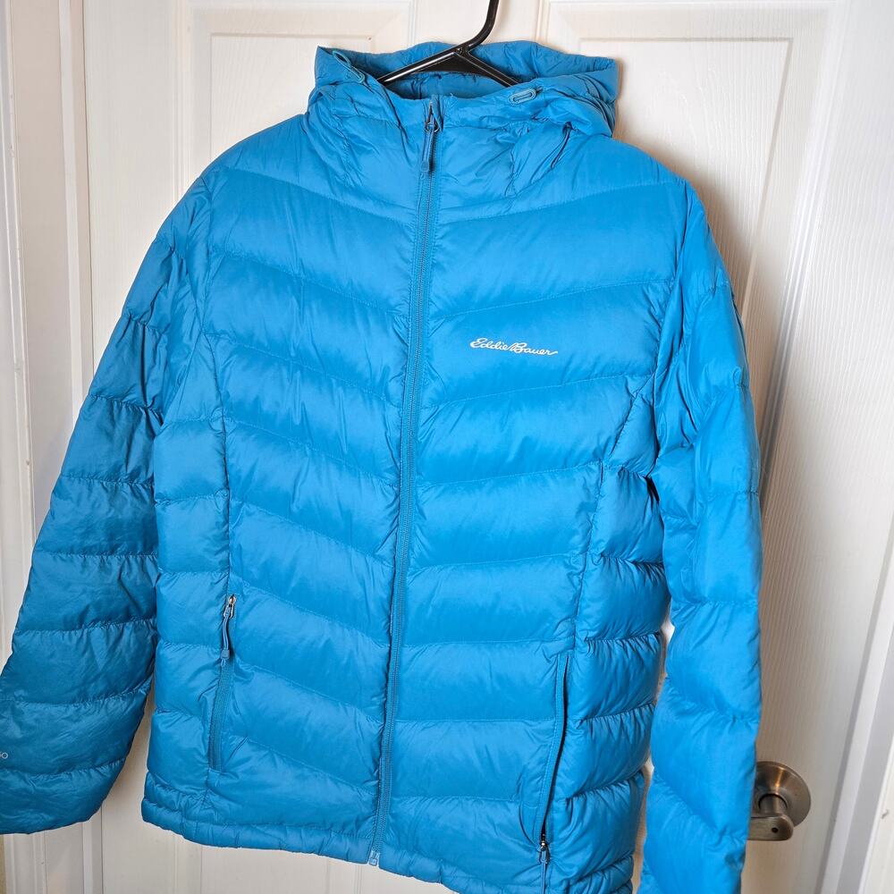Eddie Bauer EB650 Hooded Down Puffer Jacket Teal Blue Chevron Womens Size LG